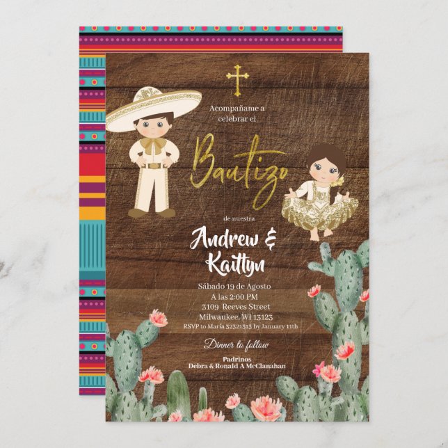 Rustikales mexikanisches Gold Charro Boy Girl Twin Einladung (Vorne/Hinten)