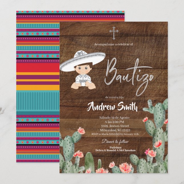 Rustikales mexikanisches Silver Charro Boy Bautizo Einladung (Vorne/Hinten)