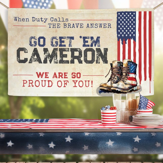 Rustikales militärisches US-Flag geht weg vom Part Banner (Rustic Patriotic US flag boots red white navy blue military duty going away farewell party banner)