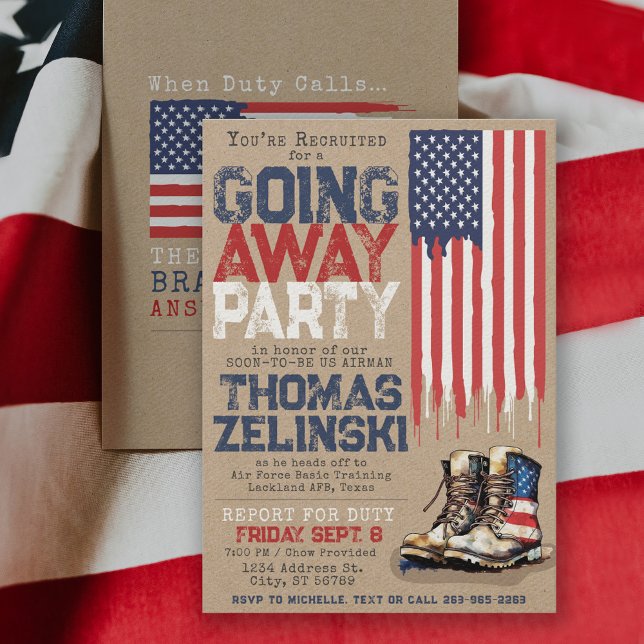 Rustikales militärisches US-Flag geht weg vom Part Einladung (Rustic military farewell going away party invitation front and back with vintage combat boots & flag)