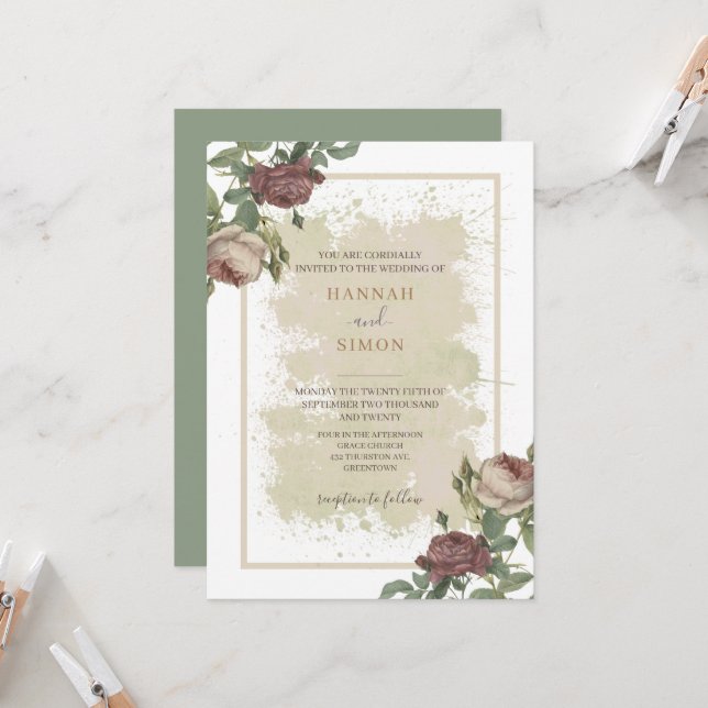 Rustikales Minimalistisches Burgund Gold Wedding I Einladung (Vorderseite/Rückseite Beispiel)