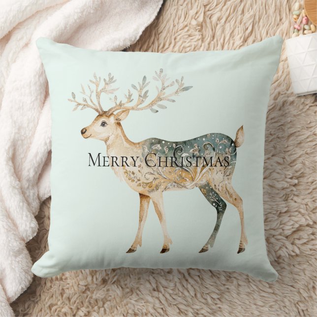 Rustikales Mint Green Gold Cream Christmas Hirsch Kissen (Decke)