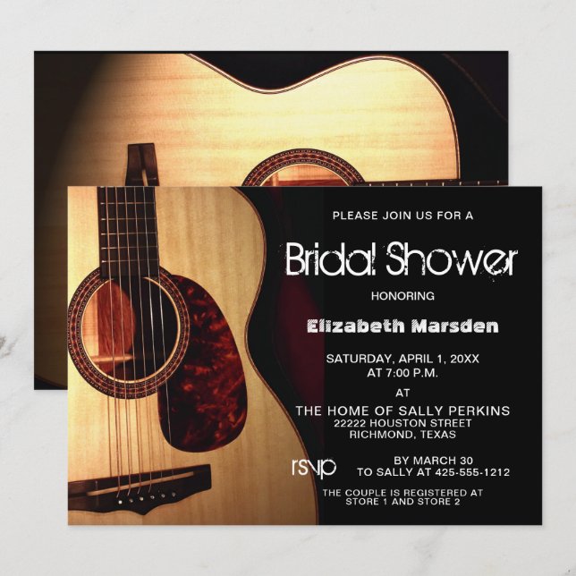 Rustikales, modernes Gitarrenmusik-Brautparty Einladung (Vorne/Hinten)