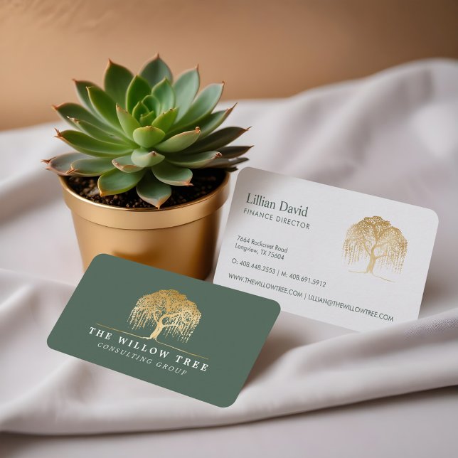 Rustikales, modernes Green & Gold Willow Tree Logo Visitenkarte (Rustic Modern Green & Gold Willow Tree Logo Business Card)