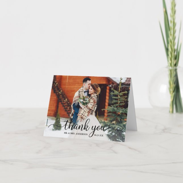 Rustikales modernes kalligrafisches Foto Hochzeits Dankeskarte (Vorderseite)