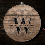Rustikales modernes Monogramm Familienname Vintage Dartscheibe<br><div class="desc">Dieses moderne, rustikale Dartboard besticht durch ein familiäres Monogramm und einen Namen in einem druckbaren, mittelbraunen Holzrahmen in einem Retro-Vintagen Typografie-Design. Passen Sie mit Ihrem Familiennamen und Initialen auf und machen Sie dies zu einem einzigartigen Zuhause für das Bauernhaus Seehaus, die familiäre Hütte oder die Landhütte - oder Ihre gemütliche...</div>