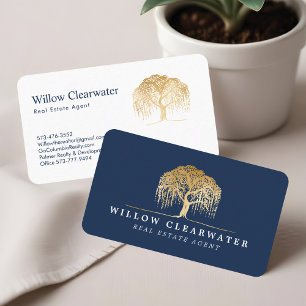 Rustikales, modernes Navy & Gold Willow Tree Logo Visitenkarte