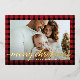 Rustikales Modernes Schwarzes kariertes Foto Weihn Folien Feiertagskarte