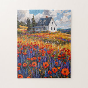 Rustikales Mohnfeld und Lupine-Blume Puzzle