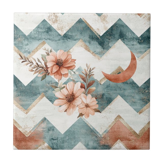 Rustikales Mond-Blumen-Chevron-Muster Fliese (Vorderseite)