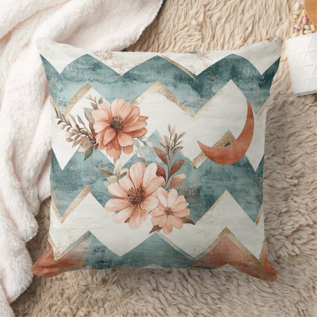 Rustikales Mond-Blumen-Chevron-Muster Kissen (Decke)