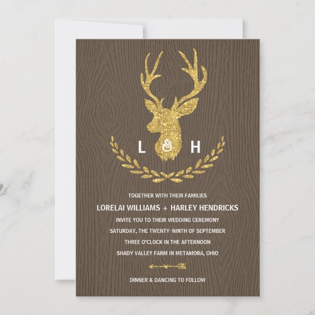 Rustikales Monogramm| Country Chic Stag Hochzeit Einladung (Vorderseite)