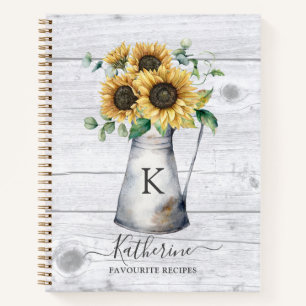 Rustikales Monogramm-Sonnenblumen-Rezept-Kochbuch Notizbuch