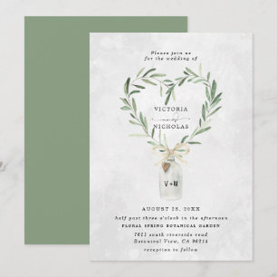 Rustikales Monogrammglas   Herzgrün Hochzeit Einladung