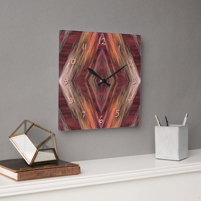 Rustikales Mosaik American Native Indian Cabin Pat Quadratische Wanduhr (Büro)