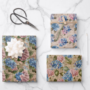 Rustikales Muster Blaue Hydrangeas und rosa Blume Geschenkpapier Set