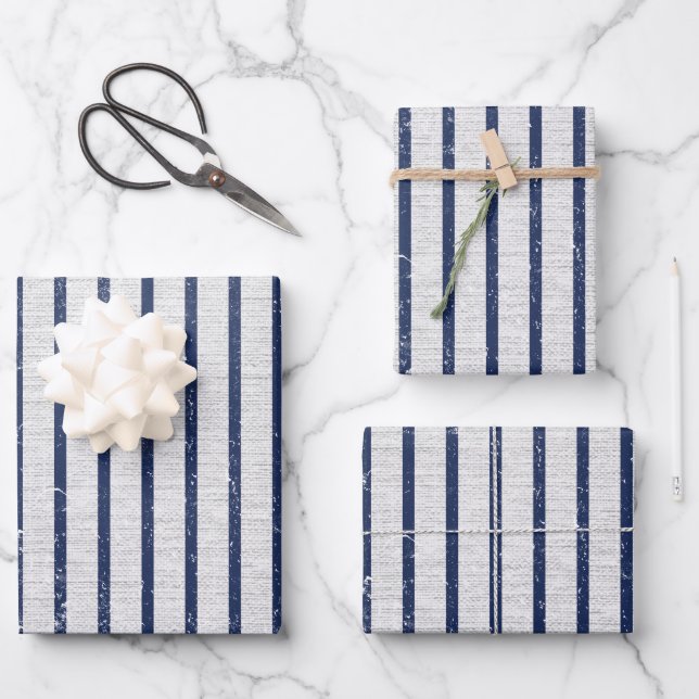 Rustikales Muster für graue Linen und blaue Streif Geschenkpapier Set (Vorderseite)