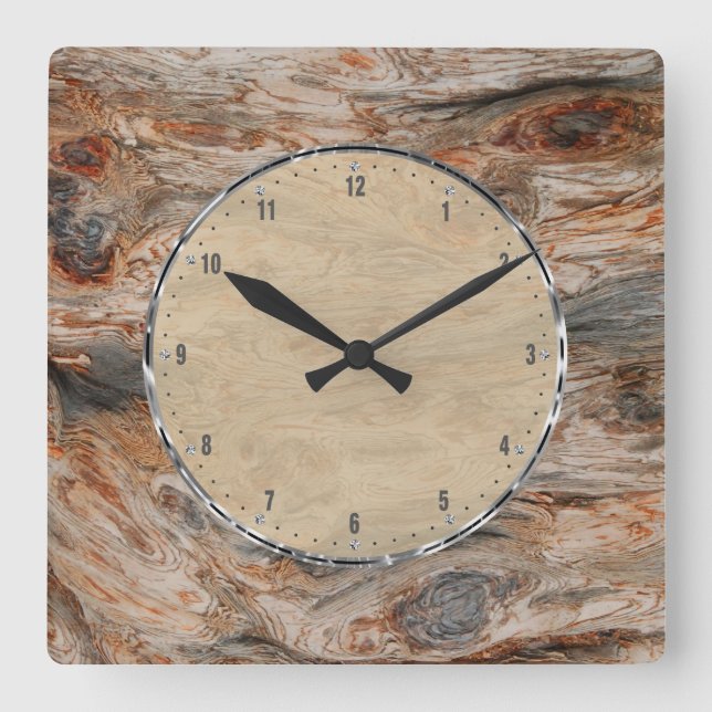 Rustikales natürliches Holz und metallischer Blick Quadratische Wanduhr (Vorderseite)