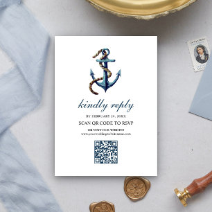 Rustikales Navy Blaues Anker-Seil QR Code RSVP Hoc Begleitkarte
