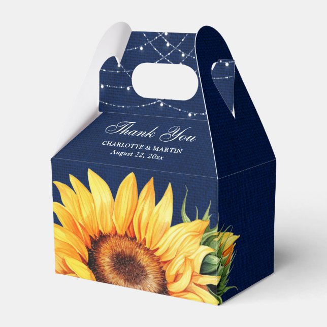 Rustikales Navy Blue Burlap Sonnenblume Blütenmono Geschenkschachtel (Vorderseite)
