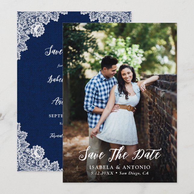 Rustikales Navy Blue Burlap und Lace Wedding Foto Save The Date (Vorne/Hinten)