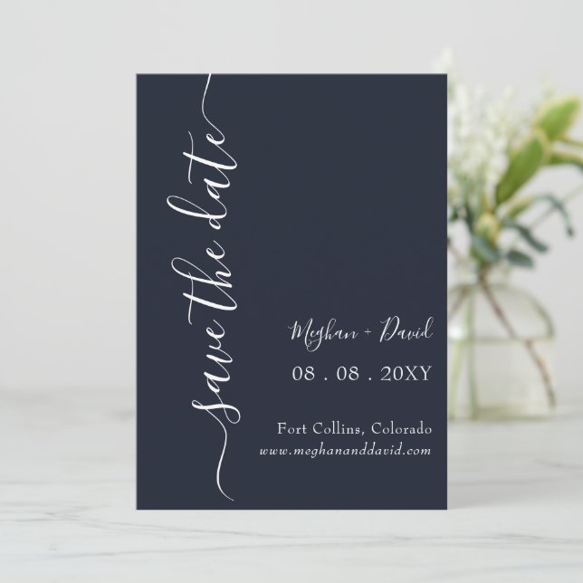 Rustikales Navy Blue Elegant Modernes Save the Dat Save The Date (Stehend Vorderseite)