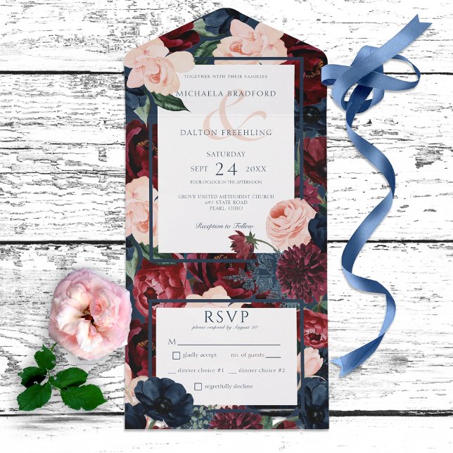 Rustikales Navy Blue Peach & Burgund Floral Dinner All In One Einladung (Von Creator hochgeladen)