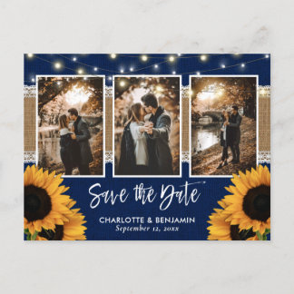 Rustikales Navy Blue Sunflower Foto Save the Date Ankündigungspostkarte