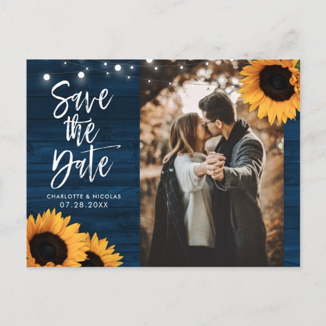 Rustikales Navy Blue Sunflower Foto Save the Date Postkarte (Vorderseite)