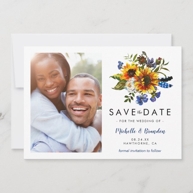 Rustikales Navy Blue Sunflower Save the Date Foto (Vorderseite)