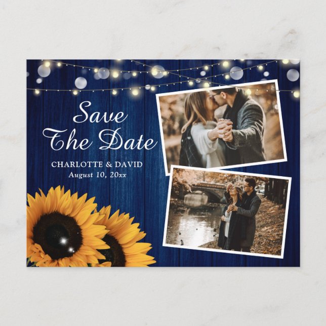 Rustikales Navy Blue Sunflower Save the Date Foto Ankündigungspostkarte (Vorderseite)