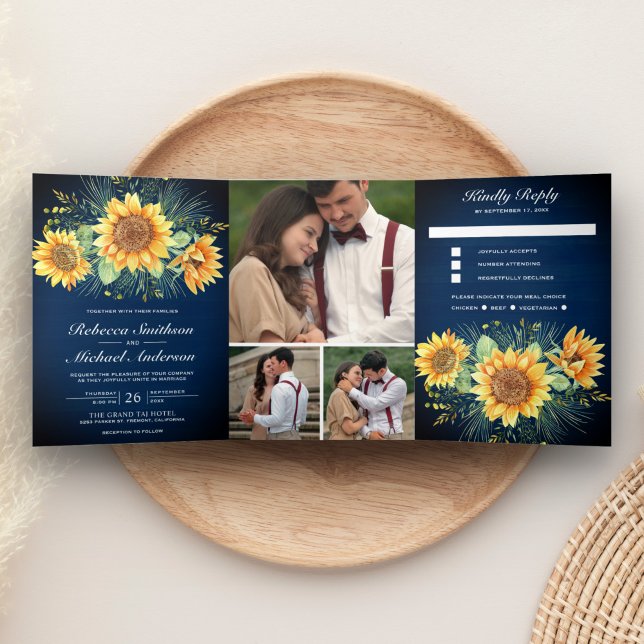 Rustikales Navy Blue Wood Sunflowers Foto Wedding Dreifach Gefaltete Einladung (Von Creator hochgeladen)