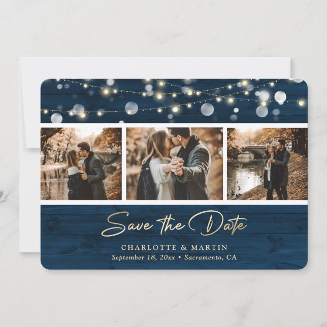 Rustikales Navy Blue Wood Wedding Foto Save the Da Save The Date (Vorderseite)
