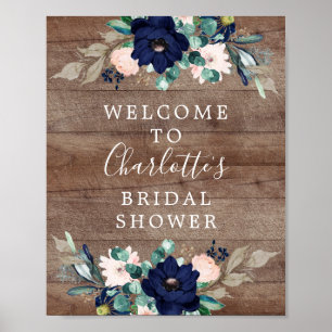 Rustikales Navy & Blush Brautparty Begrüßungszeich Poster