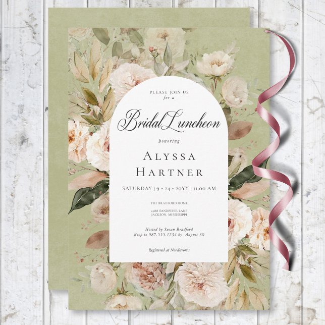 Rustikales, neutrales Tan Green Floral Arch Bridal Einladung (Rustic Neutral Tan Green Floral Arch Bridal Lunch Invitation)