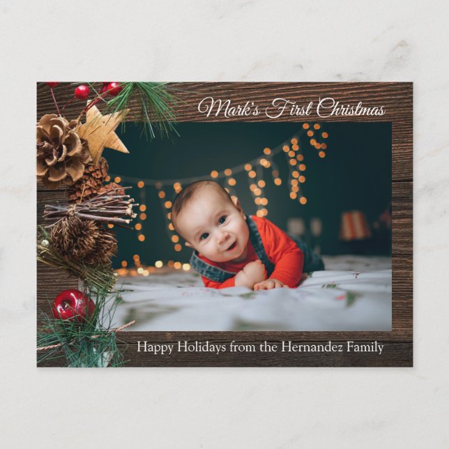 Rustikales Niedlich Baby's First Christmas Holiday Postkarte (Vorderseite)