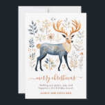 Rustikales Nordic Rentier Weihnachtsblatt Feiertagskarte<br><div class="desc">Rustikale Weihnachtskarte im skandinavischen Stil mit dekorierten Rentieren in Blau- und Rosttönen umgeben von Blättern. Frohe Weihnachten in Skripttypografie. Fügen Sie Ihren eigenen Vers und Namen hinzu. Erhältlich in Print,  als digitaler Download oder beides!</div>