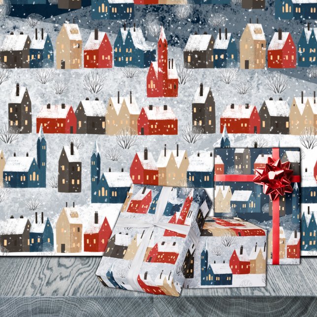 Rustikales Nordic Snowy Winter Mountain Village Geschenkpapier (Rustic Nordic Snowy Winter Mountain Village Christmas Holiday Wrapping Paper Rolls)