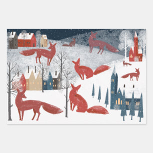 Rustikales Nordic Winter Red Fox Snow Mountain Vil Geschenkpapier Set