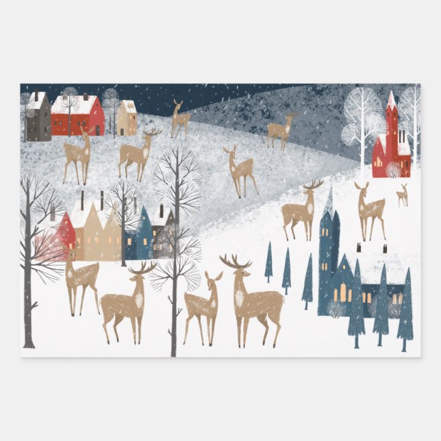 Rustikales Nordic Winter Rentierdorf Geschenkpapier Set (Vorderseite)