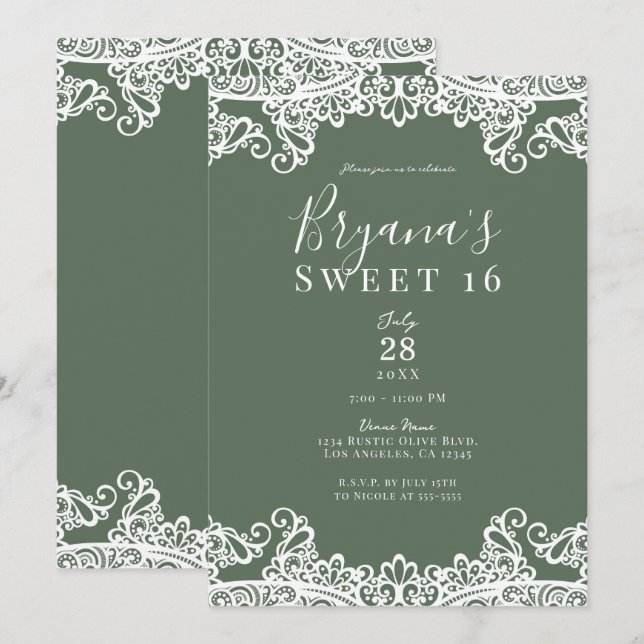 Rustikales Olive & White Lace Elegant Sweet 16 Par Einladung (Vorne/Hinten)