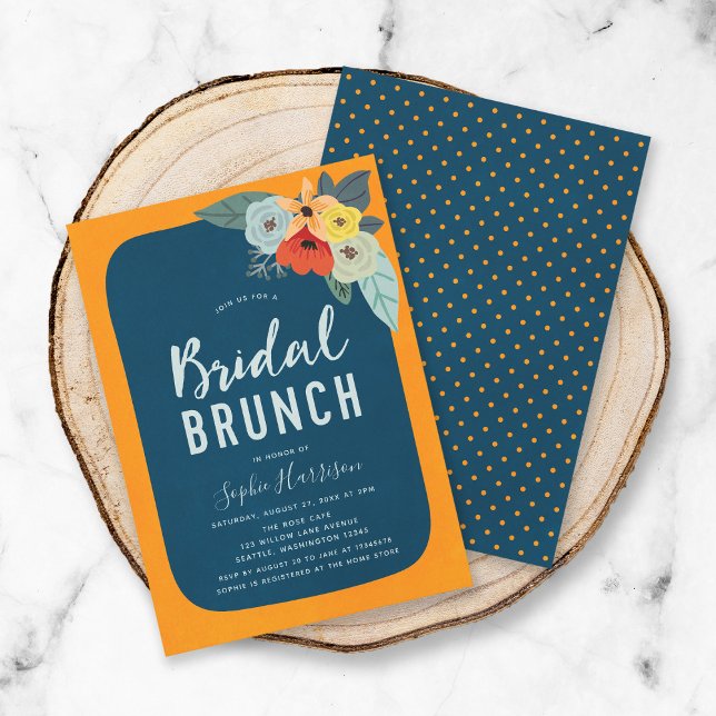 Rustikales Orange Blue Floral Bridal Brunch Einlad Einladung (Von Creator hochgeladen)
