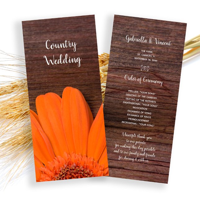 Rustikales Orange Daisy Country Braut Hochzeitspro Programm (Von Creator hochgeladen)