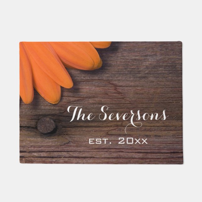 Rustikales Orange Daisy und Barnholz Fußmatte (Vorderseite)