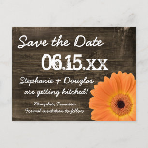Rustikales Orange Daisy Wood Save the Date Postkar Ankündigungspostkarte