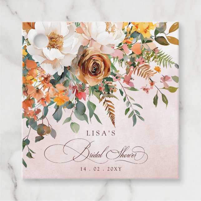 Rustikales Orange Floral Fall Brautparty Geschenkanhänger (Vorderseite)