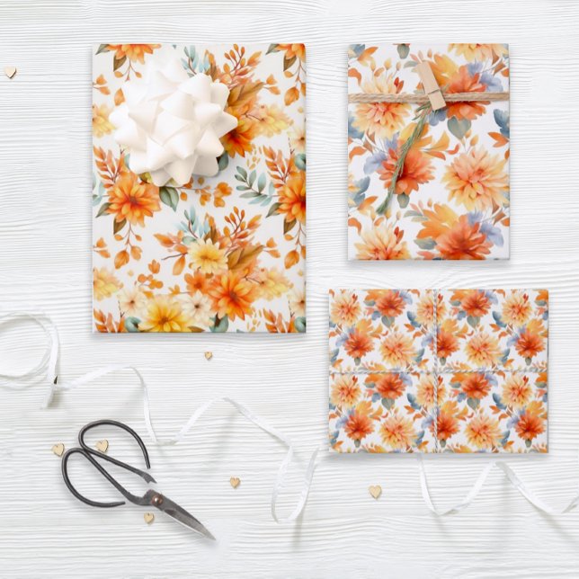 Rustikales Orange und Gelbblume Geschenkpapier Set (A set of coordinated burnt orange and gold floral gift wrap sheets that are great for any occasion.)