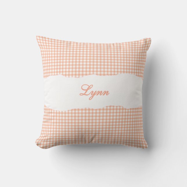 Rustikales orangefarbenes Gingham mit personalisie Kissen (Vorderseite)
