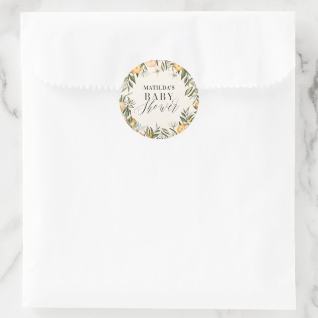 Rustikales Orangenzitrus botanisches Babydusche Pa Runder Aufkleber (Tasche)