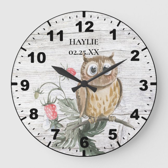 Rustikales Owl auf Strawberry Pflanze Stallholz Große Wanduhr (Vorderseite)